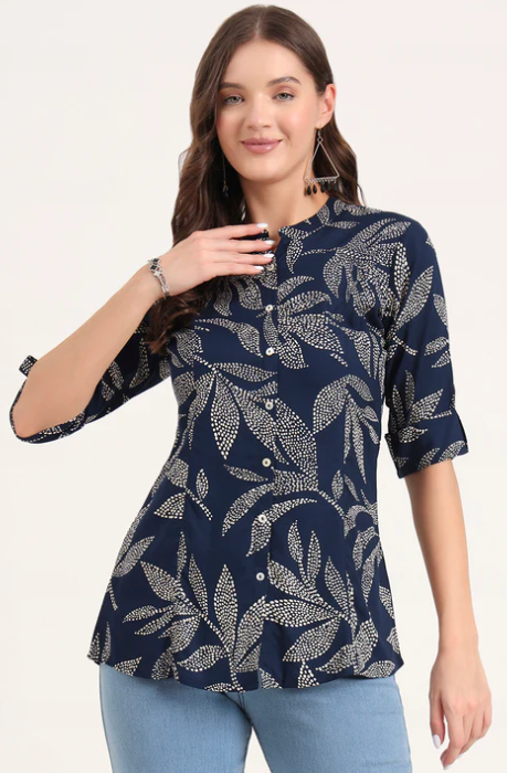 Sunrise Collection Navy Blue Rayon Rollup Sleeves A-Line Top