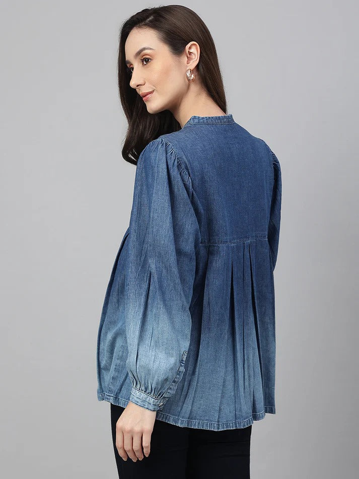 ✨ Sunrise Collection – Women’s Denim Puff Sleeve Button-Down Top ✨