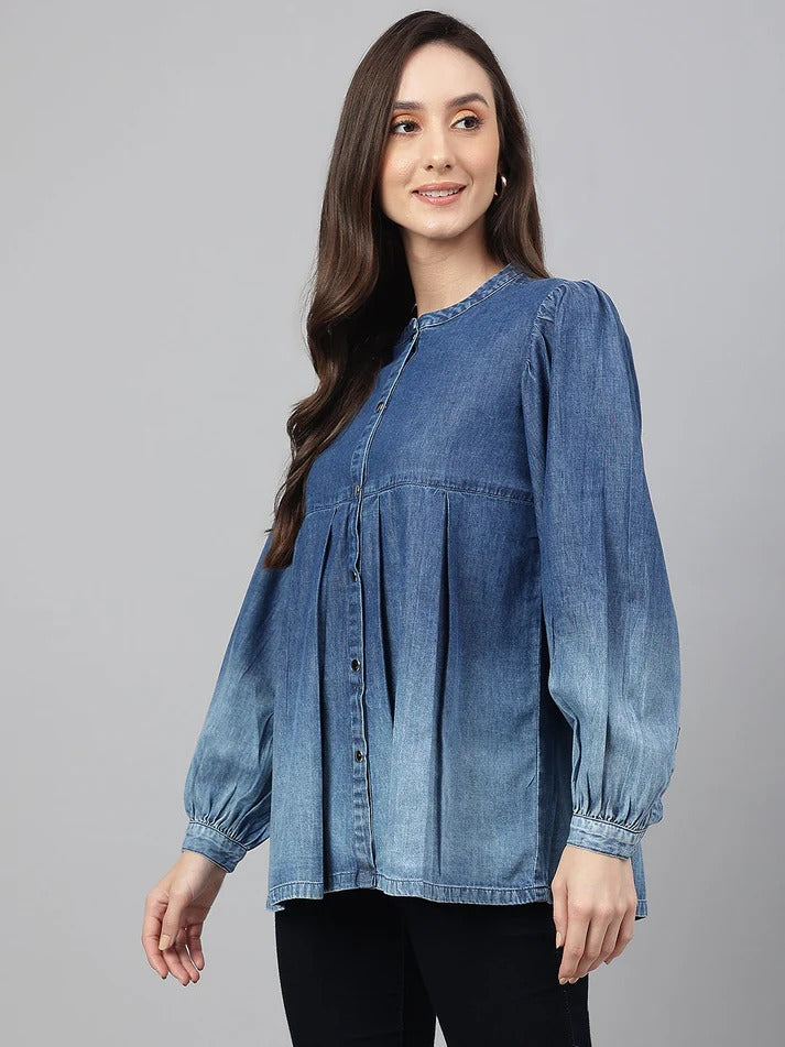 ✨ Sunrise Collection – Women’s Denim Puff Sleeve Button-Down Top ✨