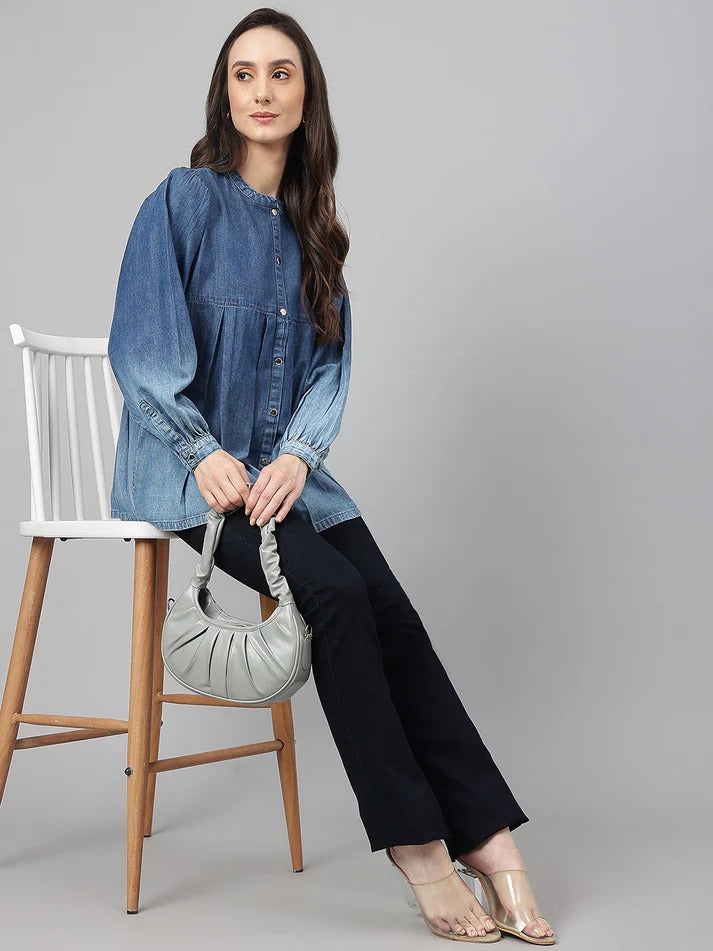 ✨ Sunrise Collection – Women’s Denim Puff Sleeve Button-Down Top ✨