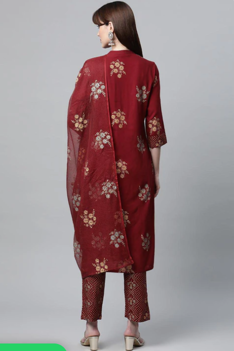 Sunrise Collection Maroon Rayon Kurta Pant Set with kota doria Dupatta