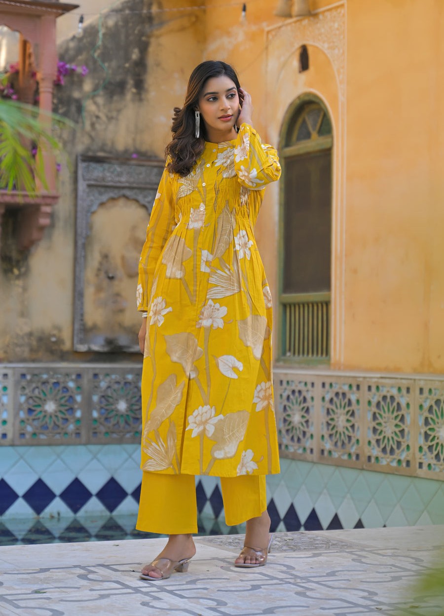 Sunrise Collection Yellow Floral Print Pure Cotton Kurta Set