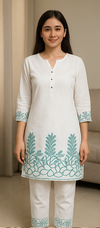 Sunrise Collection Elegant White Floral Pure Cotton Co-ord Set
