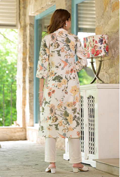 Sunrise Collection Cream Floral Printed Straight Cotton Kurta Set