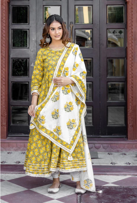 Sunrise Collection Mustard Cotton Anarkali Kurta Pant Set With Dupatta