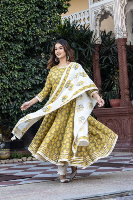 Sunrise Collection Mustard Cotton Anarkali Kurta Pant Set With Dupatta