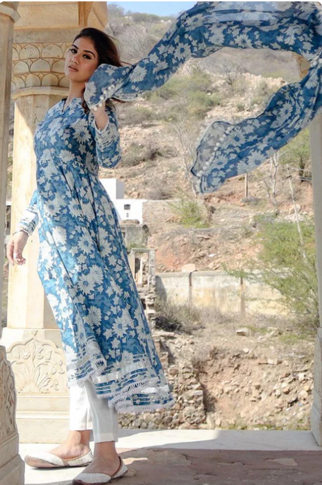 Sunrise Collection Indigo Blue Cotton Anarkali Kurta Pant Set With Dupatta