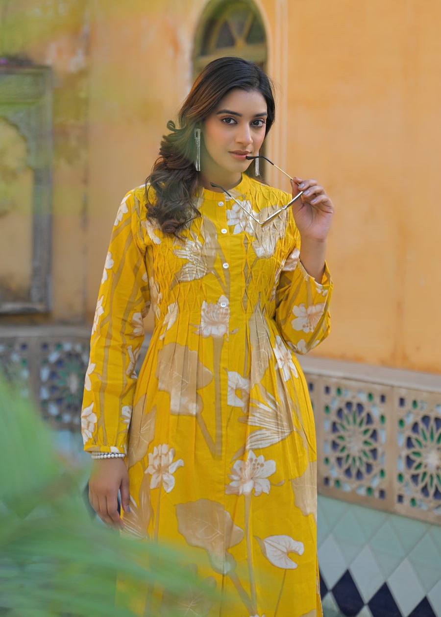 Sunrise Collection Yellow Floral Print Pure Cotton Kurta Set