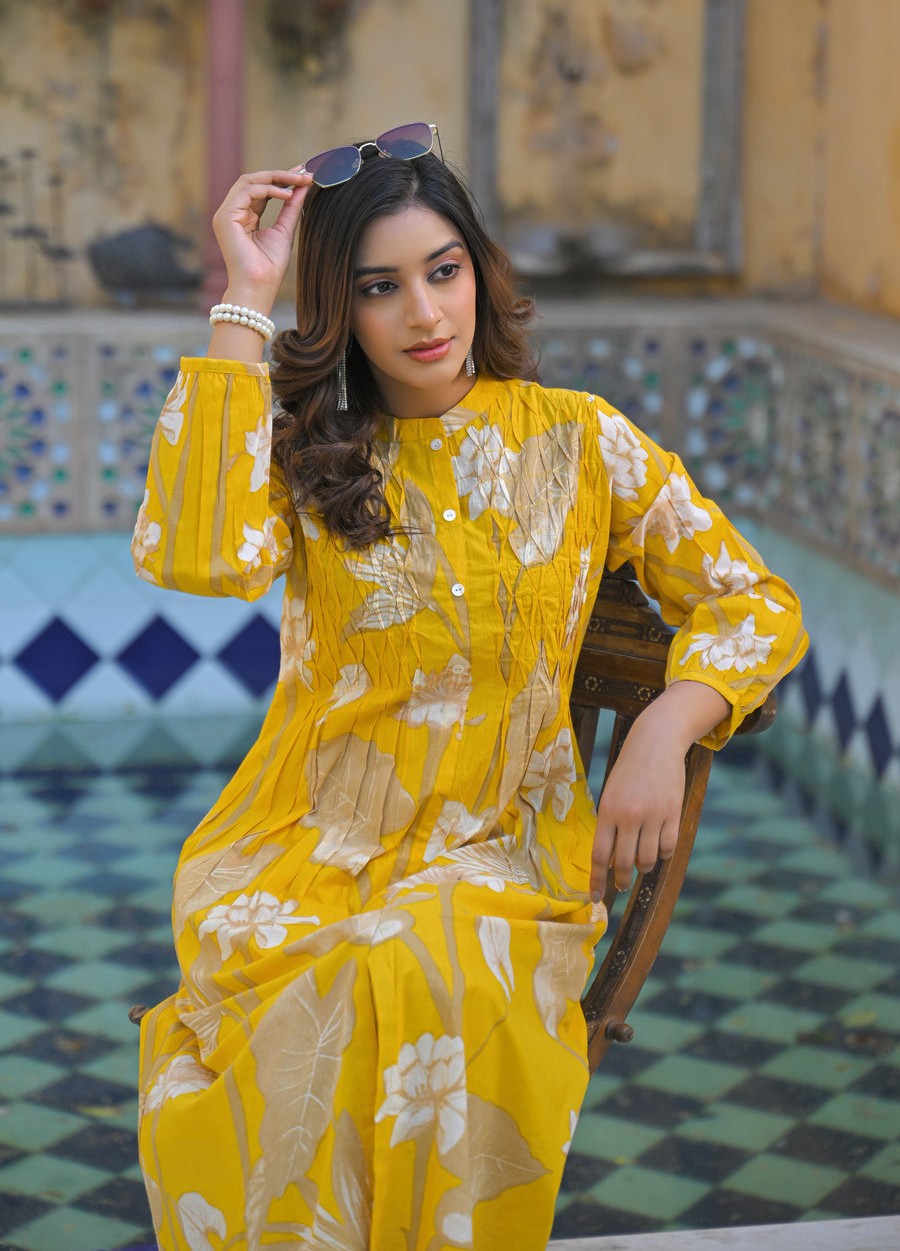 Sunrise Collection Yellow Floral Print Pure Cotton Kurta Set