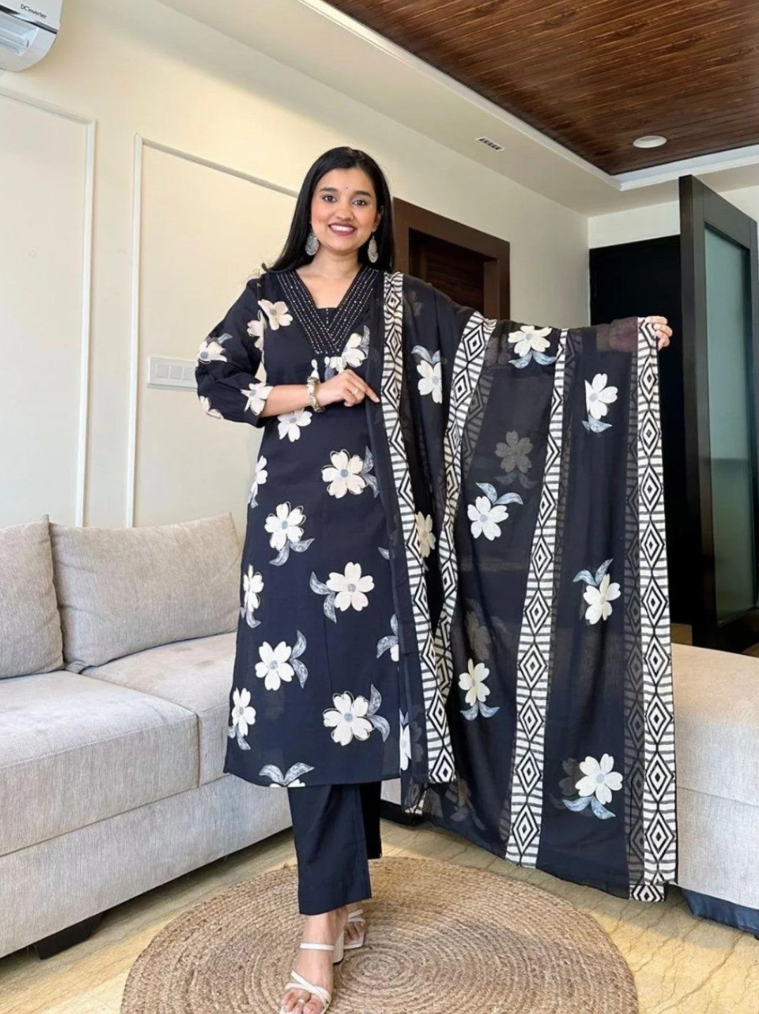 Sunrise Collection Black & White Floral Print Pure Cotton Suit Set