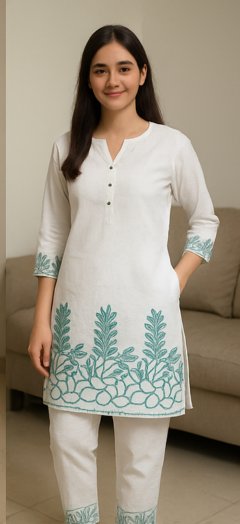 Sunrise Collection Elegant White Floral Pure Cotton Co-ord Set
