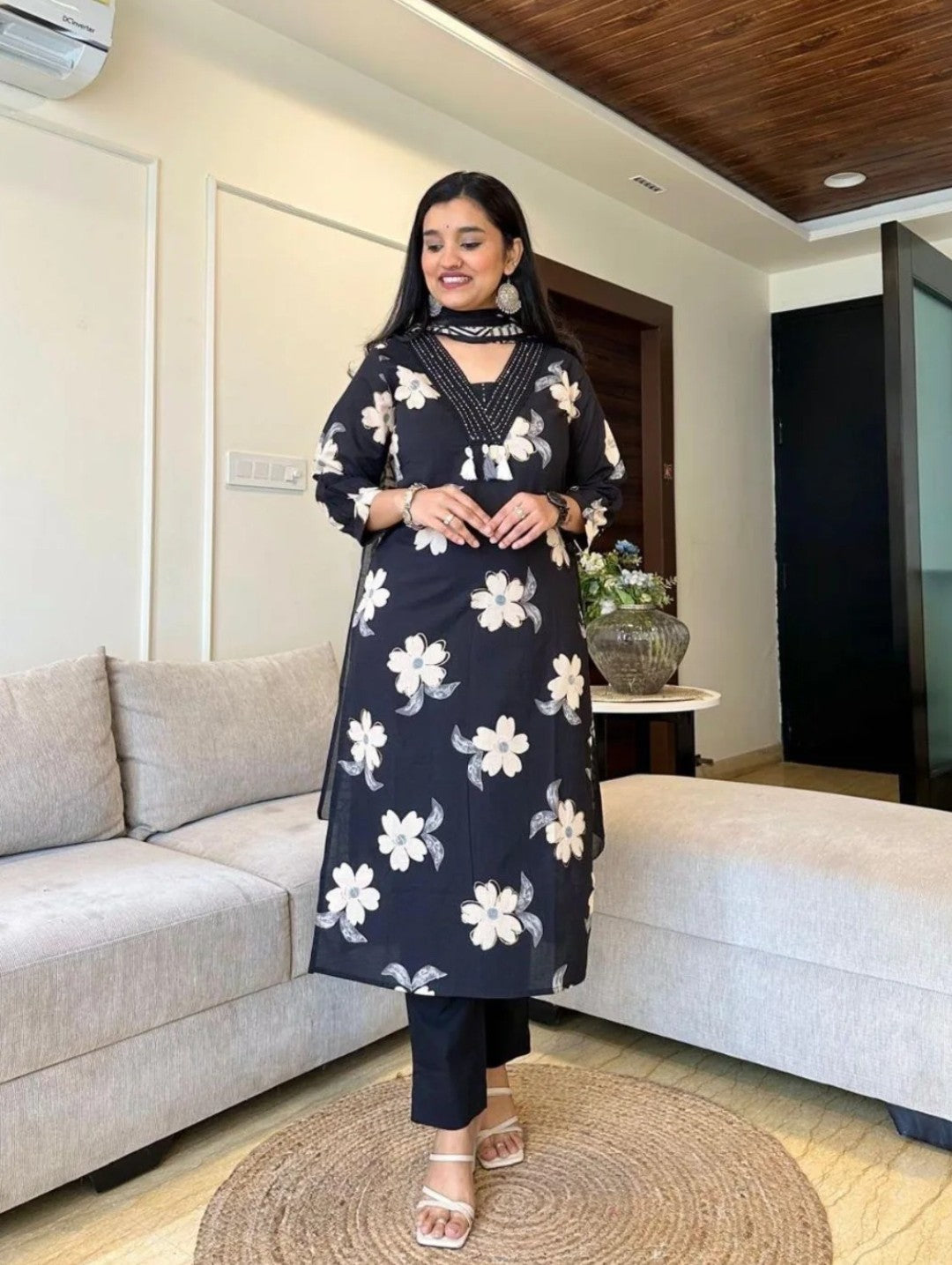 Sunrise Collection Black & White Floral Print Pure Cotton Suit Set