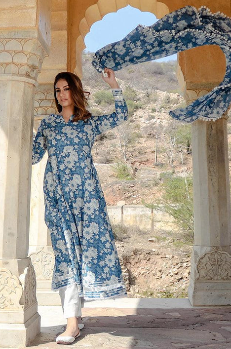 Sunrise Collection Indigo Blue Cotton Anarkali Kurta Pant Set With Dupatta