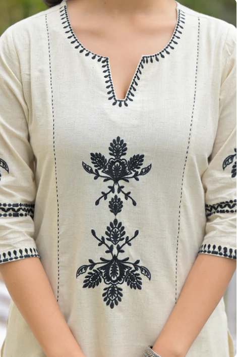 Sunrise Collection Off White Solid Black Embroidery Kurta Pant Set