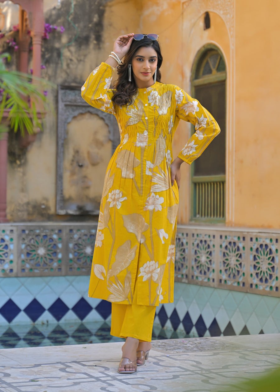 Sunrise Collection Yellow Floral Print Pure Cotton Kurta Set