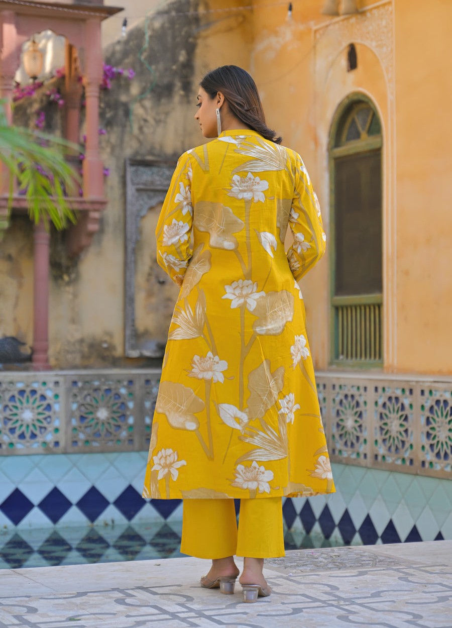 Sunrise Collection Yellow Floral Print Pure Cotton Kurta Set