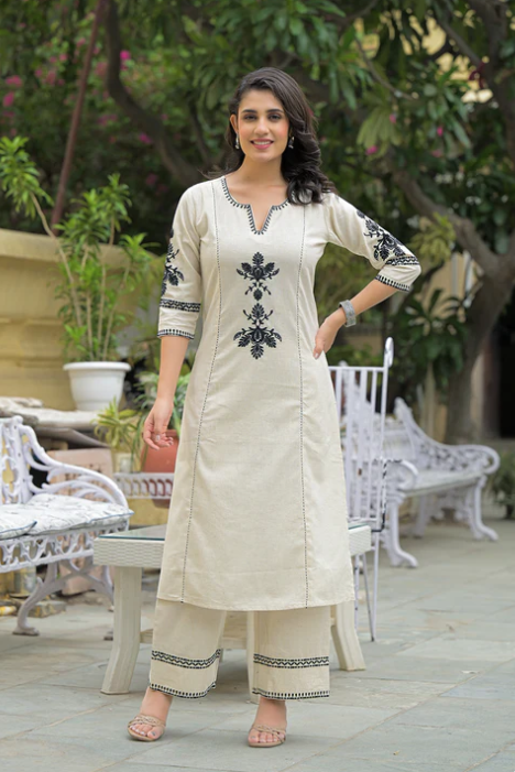 Sunrise Collection Off White Solid Black Embroidery Kurta Pant Set
