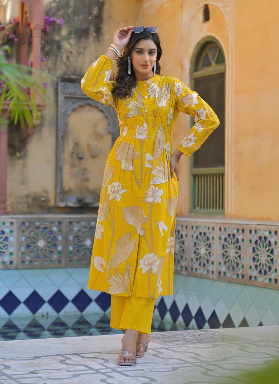 Sunrise Collection Yellow Floral Print Pure Cotton Kurta Set