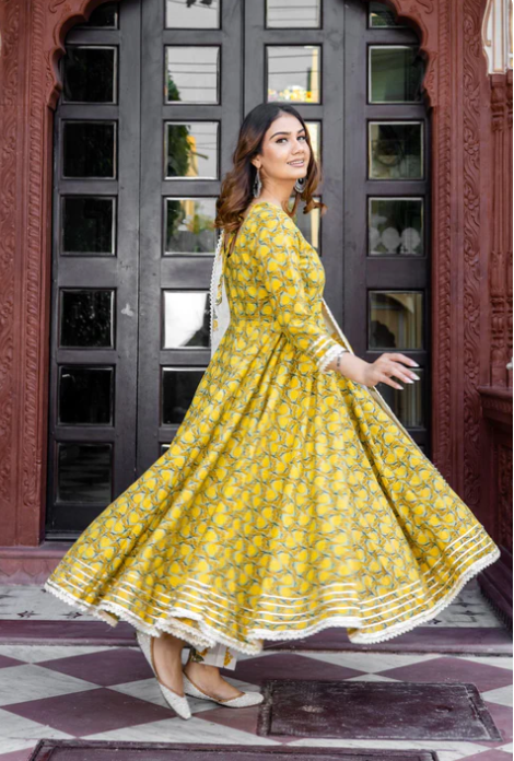 Sunrise Collection Mustard Cotton Anarkali Kurta Pant Set With Dupatta