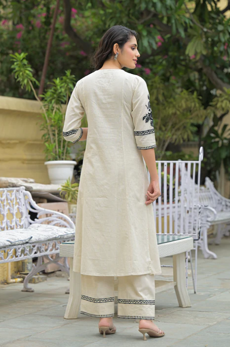 Sunrise Collection Off White Solid Black Embroidery Kurta Pant Set