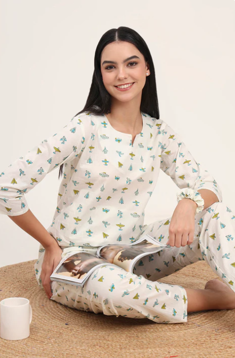 Sunrise Collection Cream Cotton Printed Night Suit Set