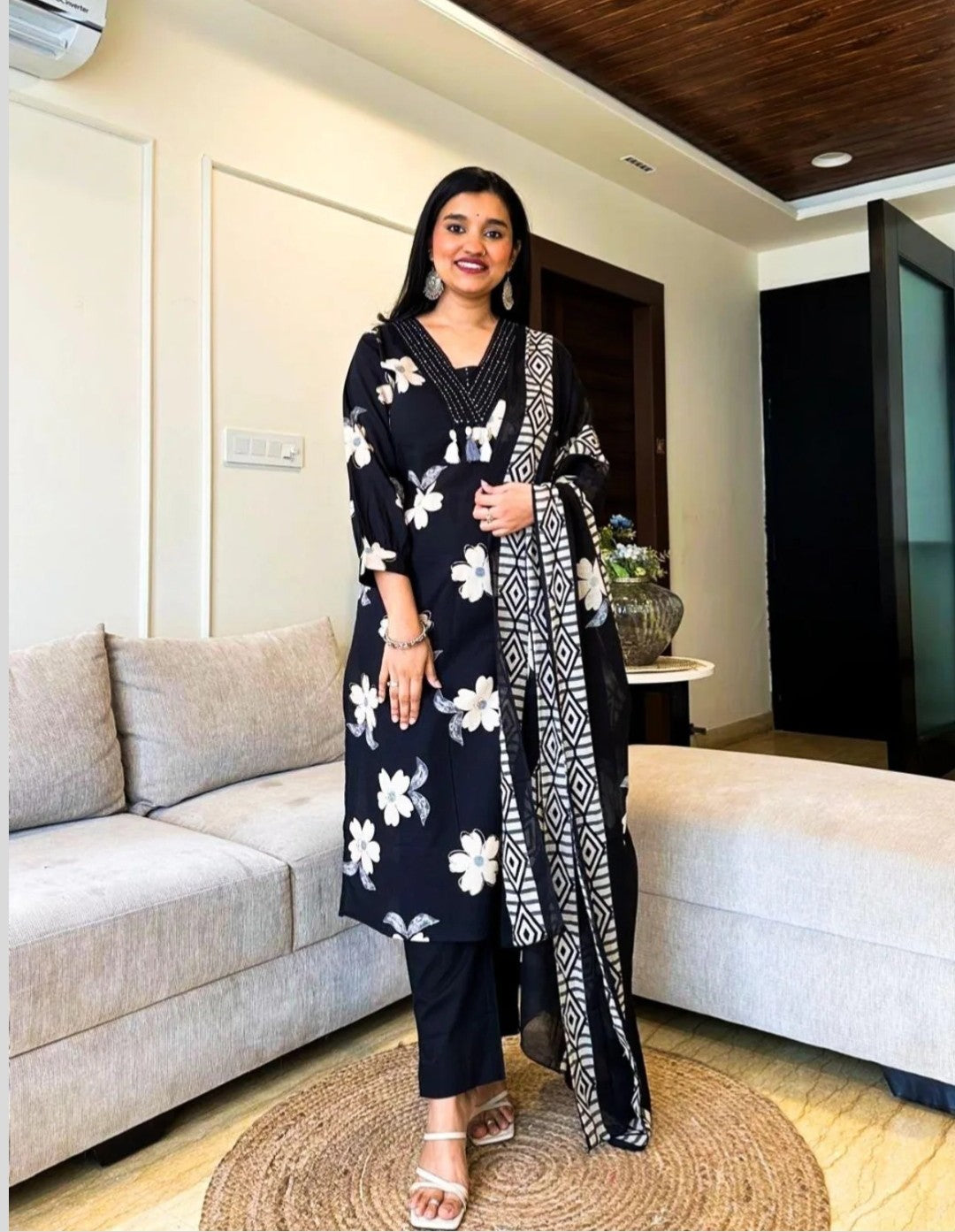 Sunrise Collection Black & White Floral Print Pure Cotton Suit Set