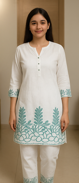 Sunrise Collection Elegant White Floral Pure Cotton Co-ord Set