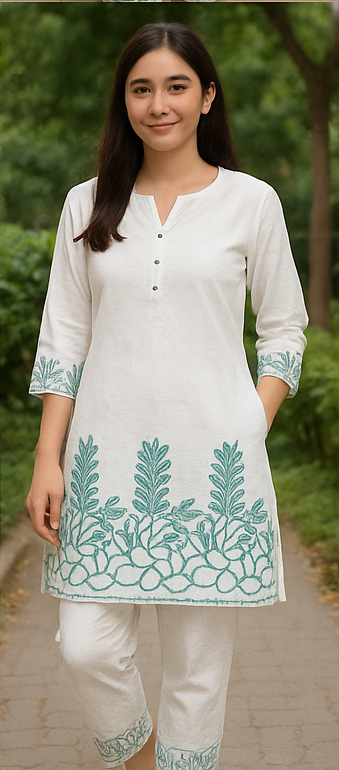 Sunrise Collection Elegant White Floral Pure Cotton Co-ord Set