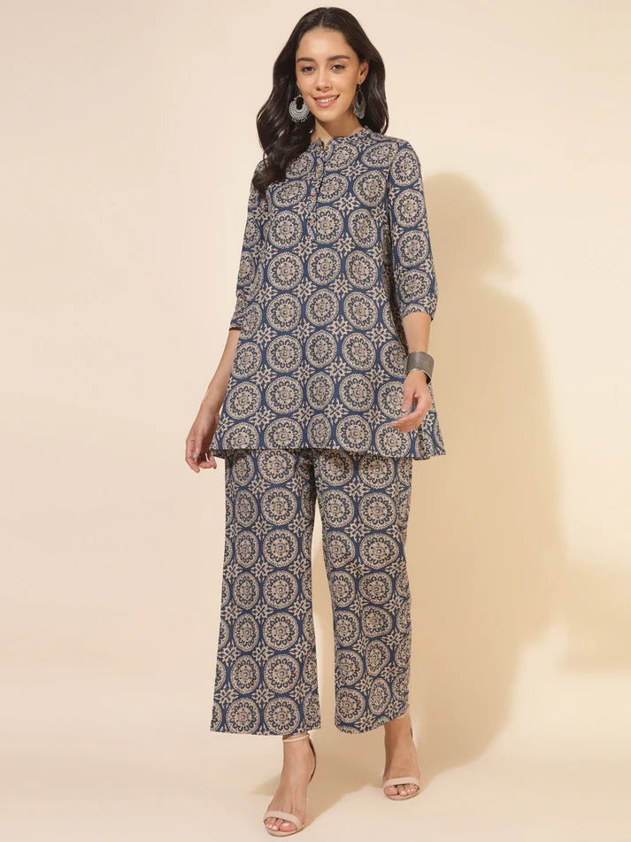 ✨ Sunrise Collection – Blue Printed A-Line Kurta with Palazzo Set ✨