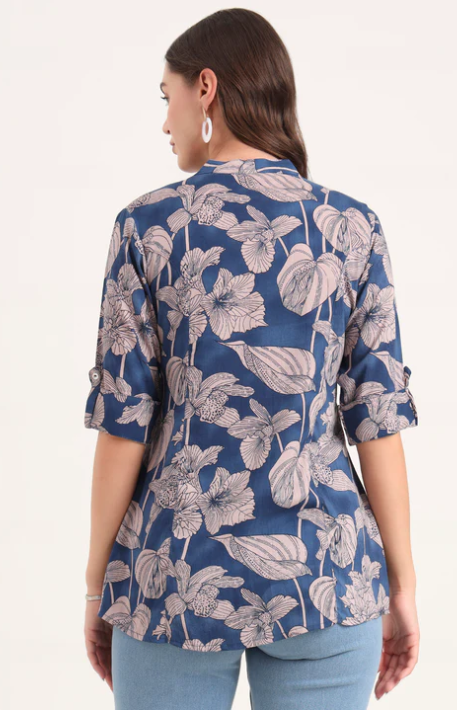 Sunrise Collection Navy Blue Rayon Rollup Sleeves A-Line Top