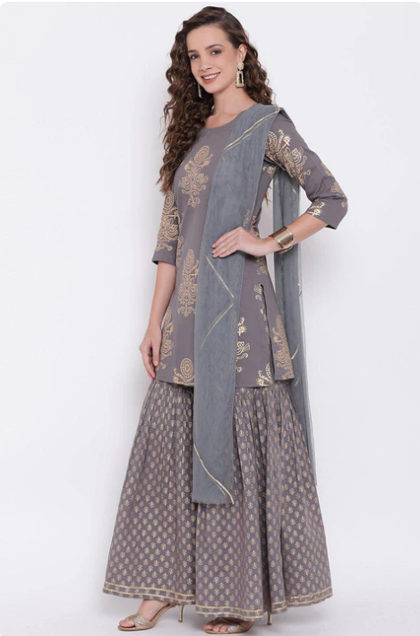 Sunrise Collection Grey Foil Print Cotton Sharara Set with Net Dupatta