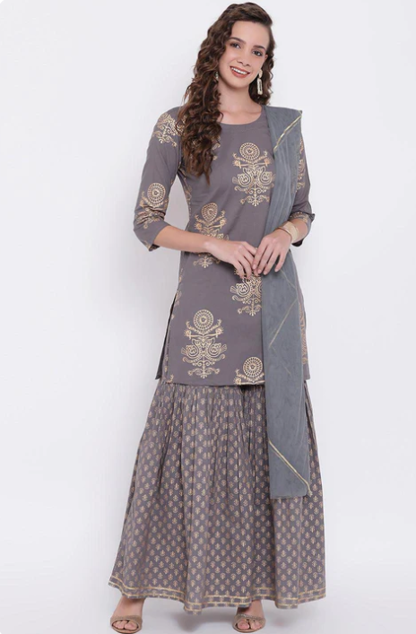 Sunrise Collection Grey Foil Print Cotton Sharara Set with Net Dupatta