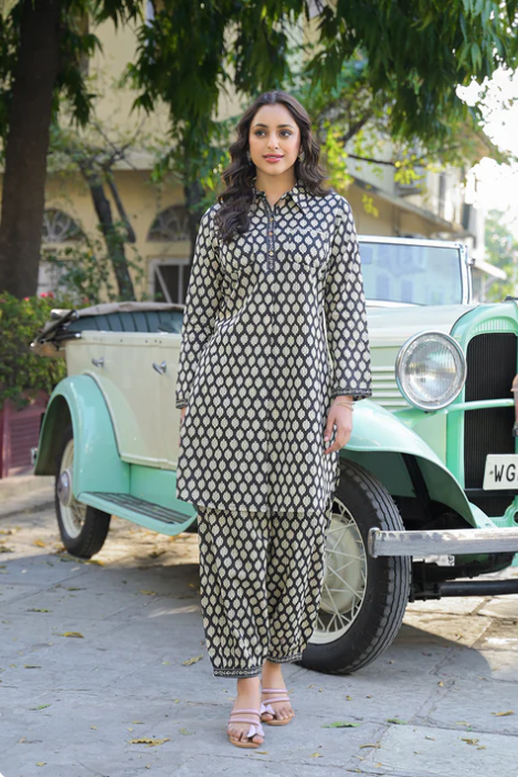 Sunrise Collection Black Ethnic Printed Cotton Fabric Shirt Kurta With Trouser