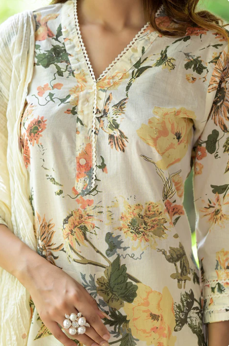 Sunrise Collection Cream Floral Printed Straight Cotton Kurta Set