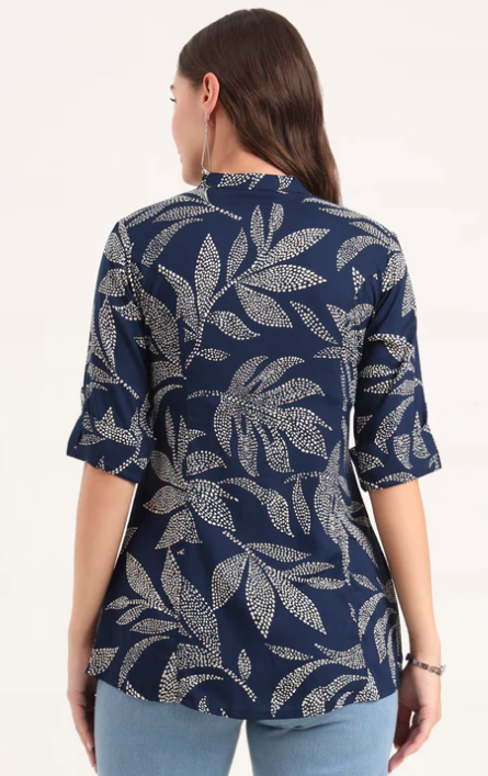 Sunrise Collection Navy Blue Rayon Rollup Sleeves A-Line Top