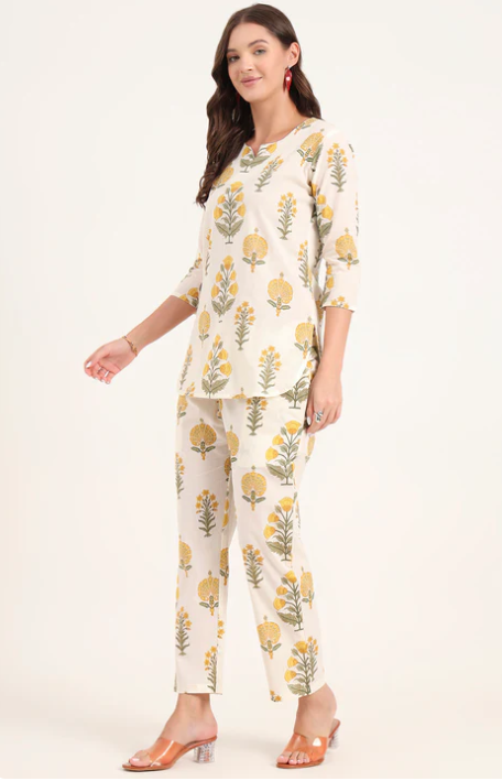 Sunrise Cream Printed Cotton Night Suit Sets