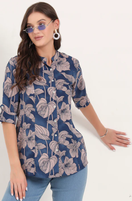 Sunrise Collection Navy Blue Rayon Rollup Sleeves A-Line Top