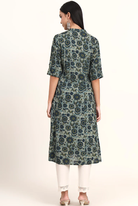 Sunrise Collection Grey Floral Rayon A-Line Kurta