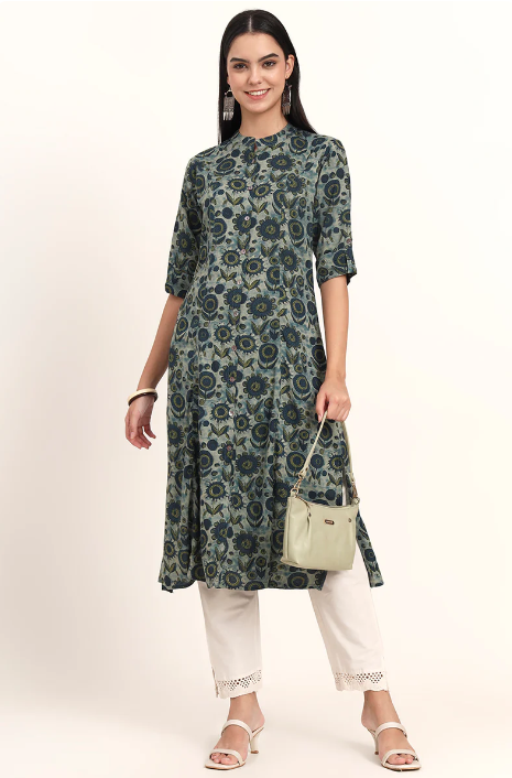 Sunrise Collection Grey Floral Rayon A-Line Kurta