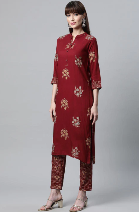 Sunrise Collection Maroon Rayon Kurta Pant Set with kota doria Dupatta