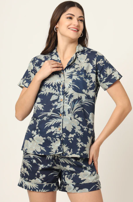 Sunrise Collection Navy Blue Printed Pure Cotton Regular Night Suit