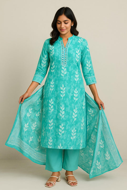 Sunrise Collection Aqua Blue Leaf Print Pure Cotton Suit Set
