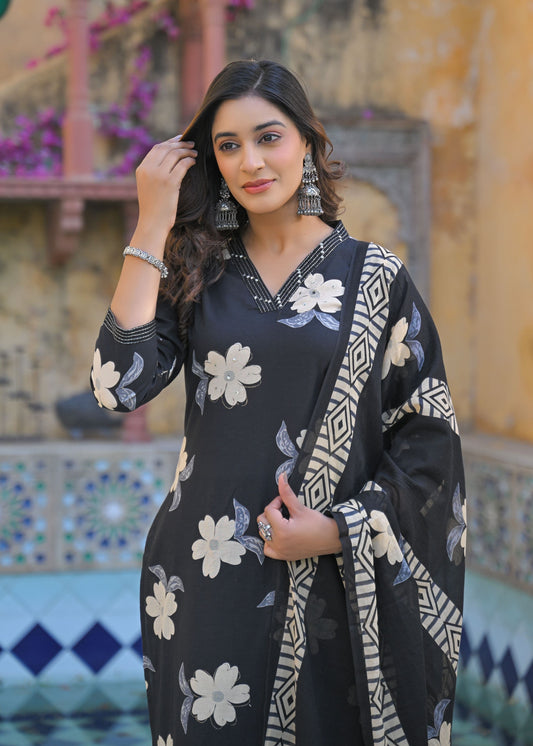 Sunrise Collection Black &amp; White Floral Print Pure Cotton Suit Set
