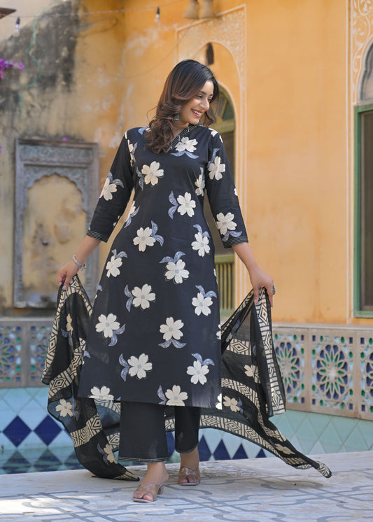Sunrise Collection Black &amp; White Floral Print Pure Cotton Suit Set