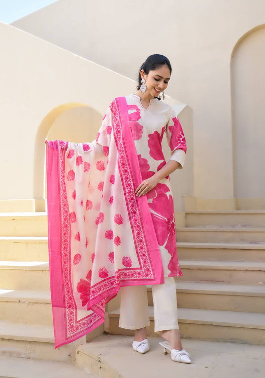 Sunrise Collection Cream &amp; Pink Floral Print Pure Cotton Suit Set
