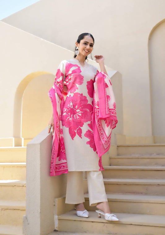 Sunrise Collection Cream &amp; Pink Floral Print Pure Cotton Suit Set