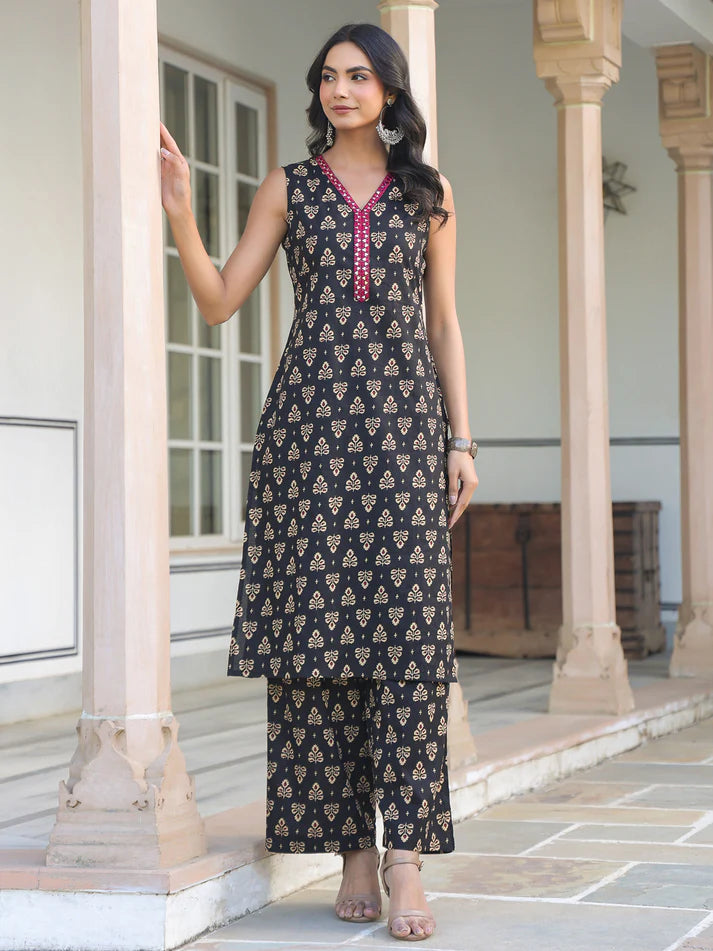 ✨ Sunrise Collection – Elegant Black Printed Kurta Set with Palazzo ✨