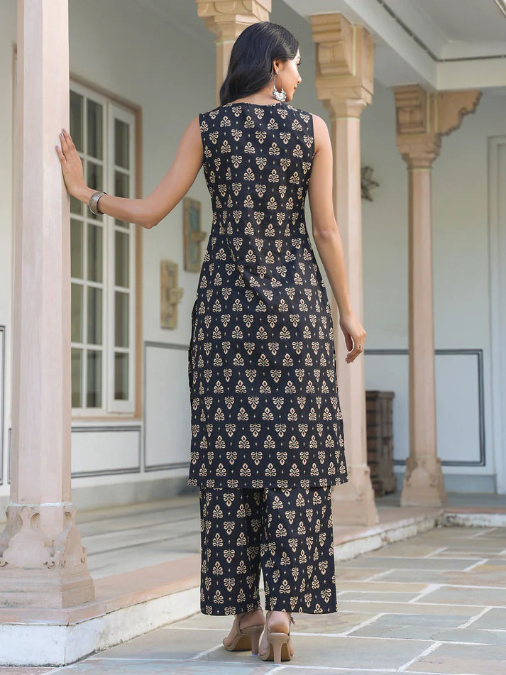 ✨ Sunrise Collection – Elegant Black Printed Kurta Set with Palazzo ✨