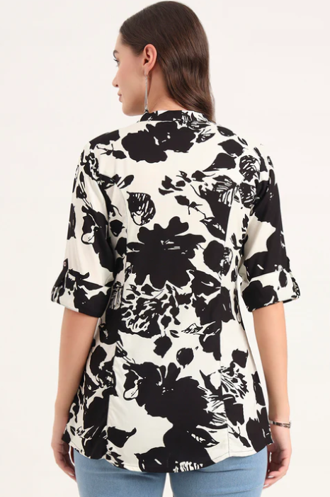 Sunrise Collection Black Rayon Rollup Sleeves A-Line Top