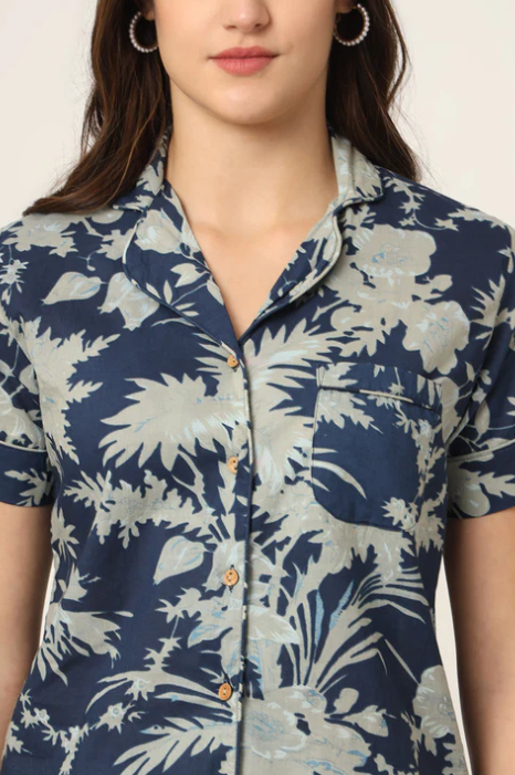 Sunrise Collection Navy Blue Printed Pure Cotton Regular Night Suit